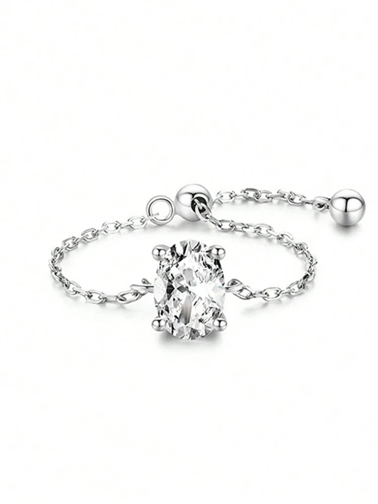 Certified Moissanite Chain Ring 1CT Oval Pear Cut Adjustable 925 Sterling Silver