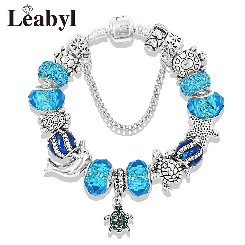 Classic Dolphin Charm Bracelet Blue Murano Crystal Glass DIY Bead Bangle