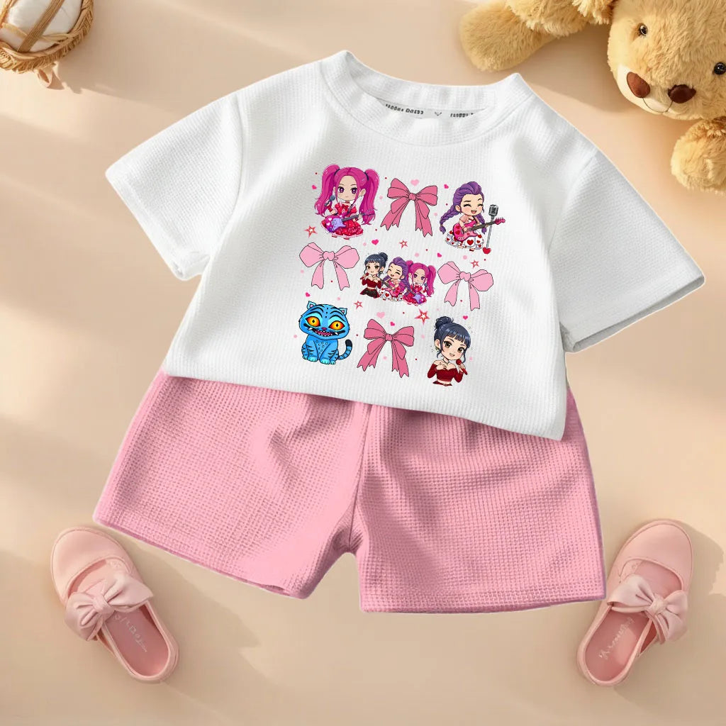 K-pop Girls Summer Casual T-Shirt and Shorts 2-Piece Fashion Outfit