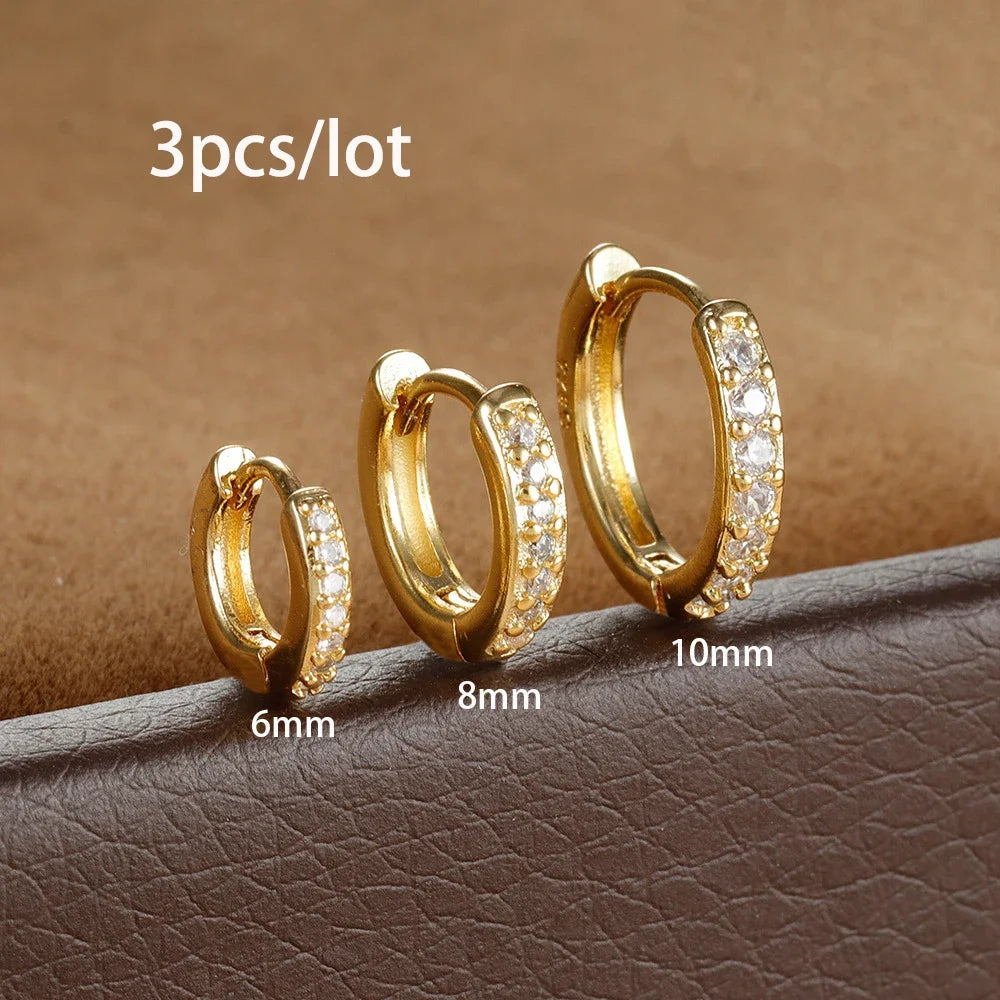 3PCS Round Circle Stainless Steel Zircon Huggie Hoop Earrings Set