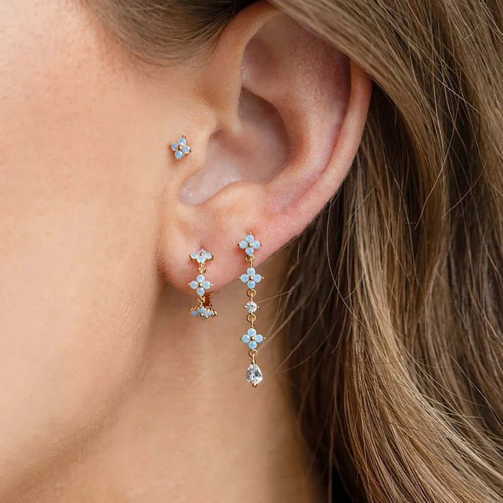 3PCS Zircon Flower Pendant Earring Sets Stainless Steel Cartilage