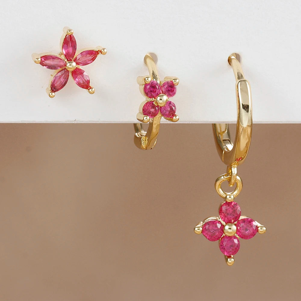3PCS Stainless Steel Rose Red Zircon Flower Dangle Earring 18K Gold