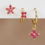 3PCS Stainless Steel Rose Red Zircon Flower Dangle Earring 18K Gold