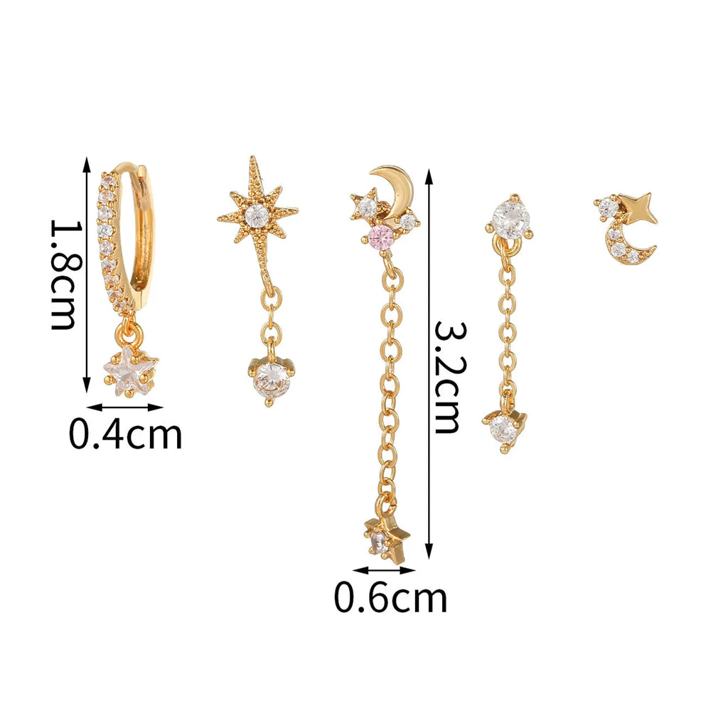 1PC Stainless Steel Cubic Zirconia Chain Hoop Earrings Star Moon