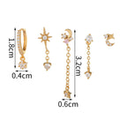 1PC Stainless Steel Cubic Zirconia Chain Hoop Earrings Star Moon