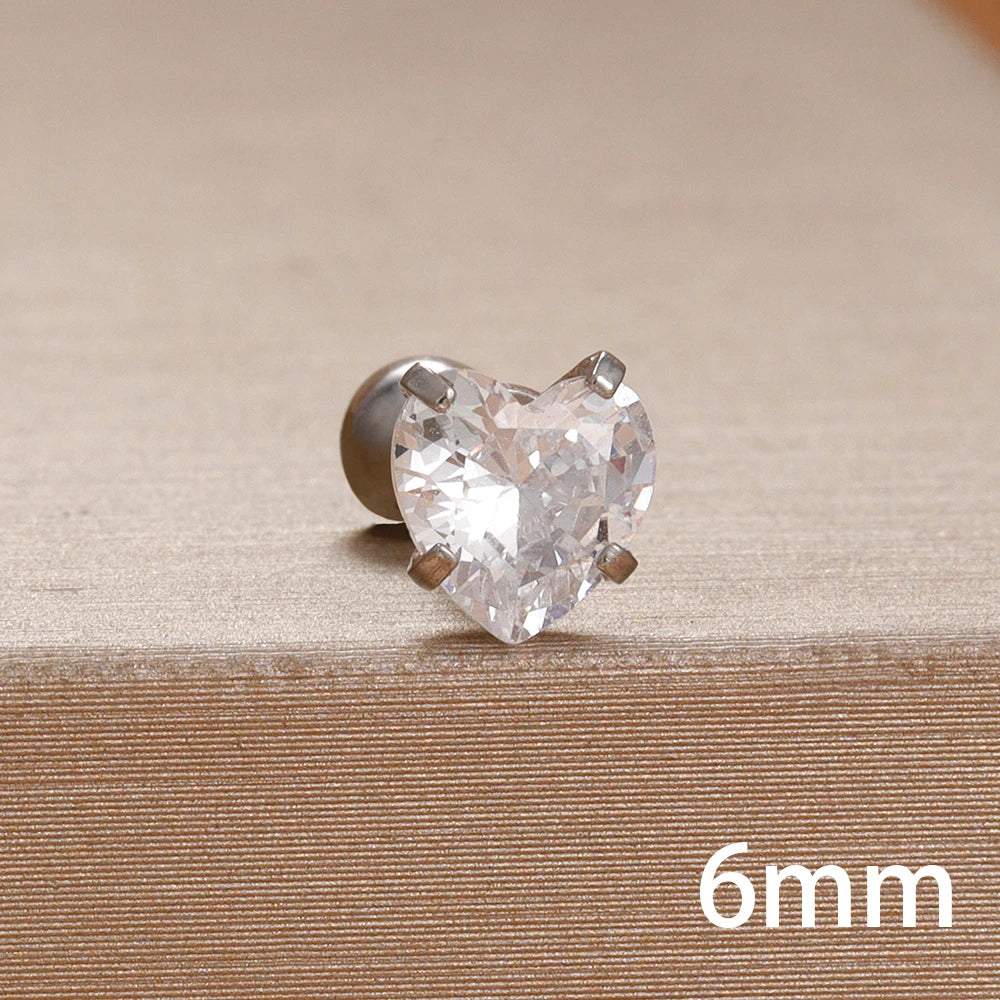 Korean Sweet Stainless Steel Zircon Heart Stud Earrings 3-6mm