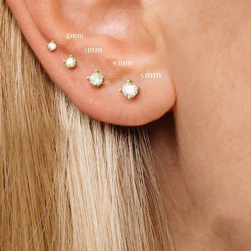 2PCS Trendy Stainless Steel 2/3/4/5mm Zircon Sparkling Stud Earrings
