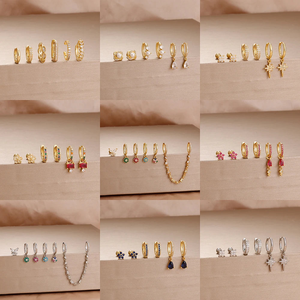 6PCS Exquisite Zircon Geometric Circle Earrings Set Gold Colour Steel