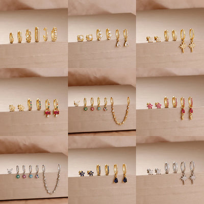 6PCS Exquisite Zircon Geometric Circle Earrings Set Gold Colour Steel