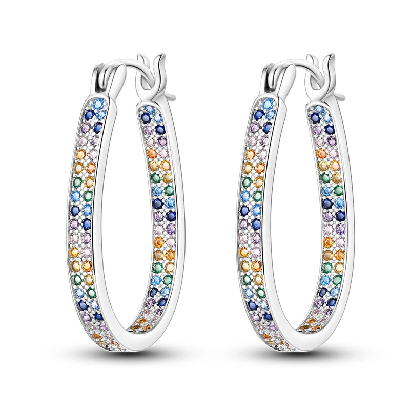 925 Sterling Silver Rainbow Gradient Versatile Hoop Earrings Fine Birthday Gift