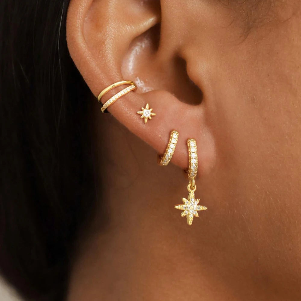 4pcs Stainless Steel Cubic Zirconia Star Dangle Earring Set Clips
