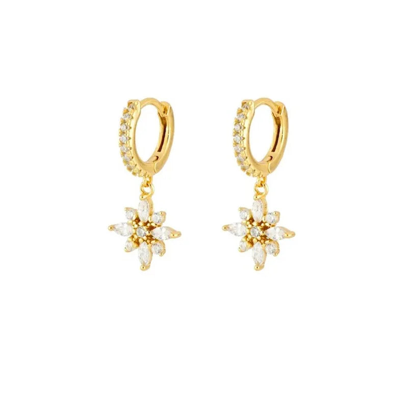 New Stainless Steel Water Drop Hoop Earrings Cubic Zirconia Flowers