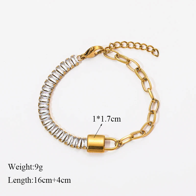 Heart Roman Numeral Zircon Bead Stainless Steel Snake Bone Bracelet