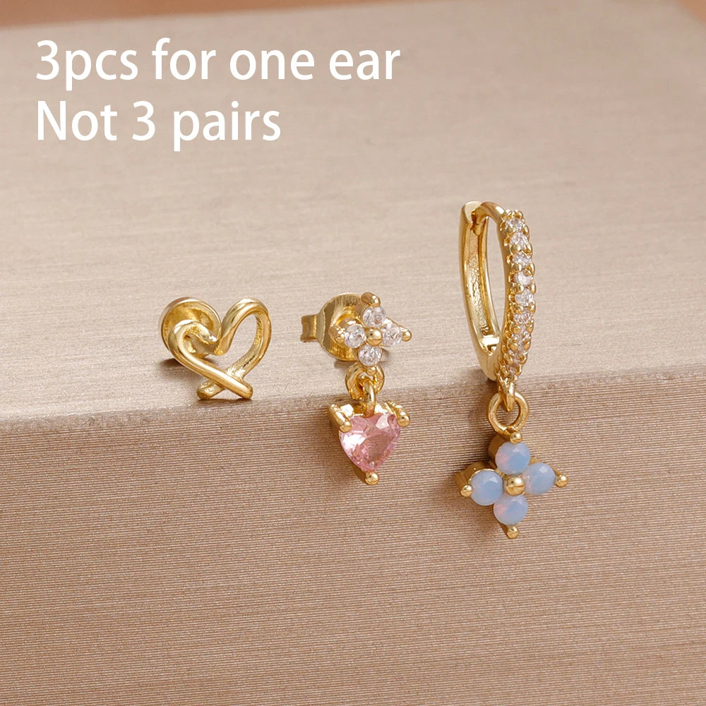 3PCS Fashion Simple Zircon Hoop Earrings Set Stainless Steel Punk