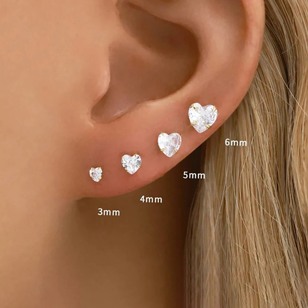 Korean Sweet Stainless Steel Zircon Heart Stud Earrings 3-6mm