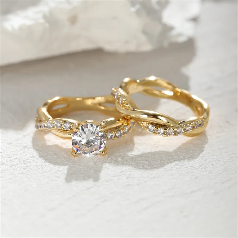 Female Round Zircon Bridal Sets Silver Gold Color White Crystal Stone Crossed Wedding Bands Promise Engagement Rings For Women