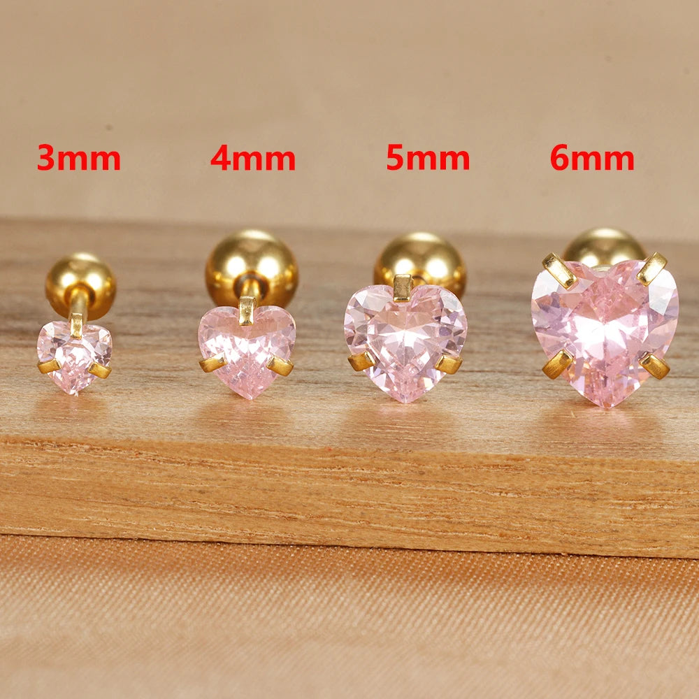 1PC Simple Pink Cubic Zirconia Heart Small Stud Earrings Steel