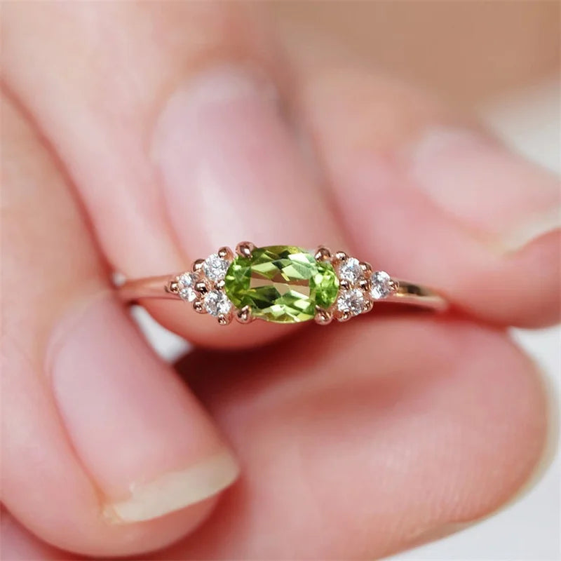 Small Olive Green Stone Ring Rose Gold Color Oval Zircon Minimalist Stacking Thin Rings For Women Party Wedding Bands Jewelry CZ