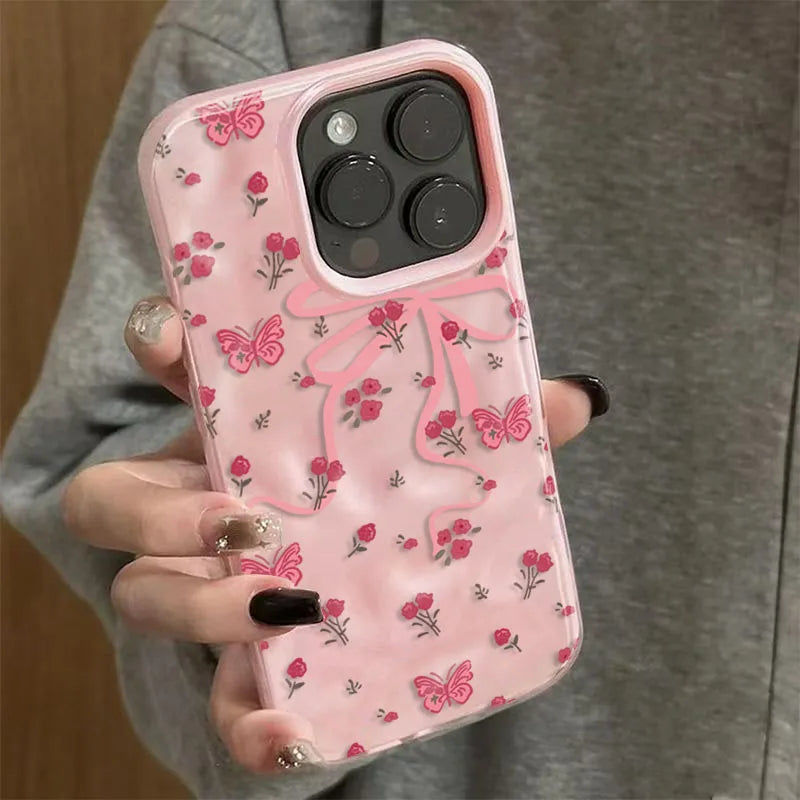 Pink Butterfly Rose Floral Case for iPhone 17 16 15 14 13 12 11 Pro Max Plus
