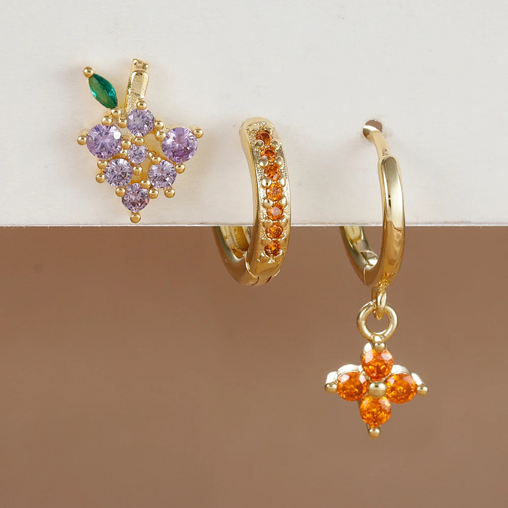 3PCS Stainless Steel Orange Zirconia Flower Pendant Hanging Earrings Set