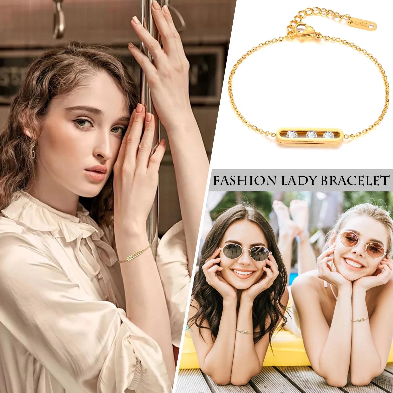 Fashion Cubic Zirconia Bracelet, Stainless Steel Thin Chain Link Bracelets for Women, Minimalist Charm Jewelry