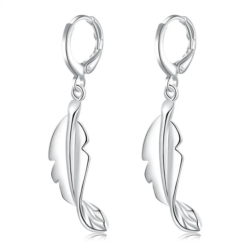 925 Sterling Silver 40mm Feather Earrings Women Fashion Charm Wedding Gift