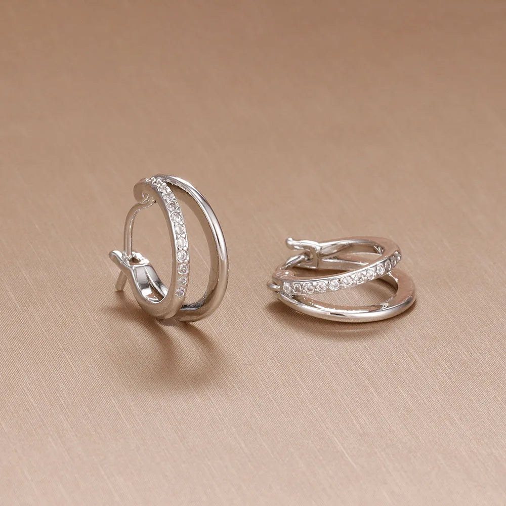 New Stainless Steel Double-layer Circle Huggies Gold Colour Zircon