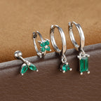 4PCS Green Crystal Zircon Stainless Steel Hoop Earrings Square Set