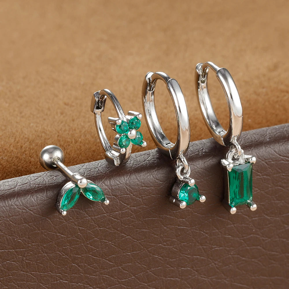 4PCS Green Crystal Zircon Stainless Steel Hoop Earrings Square Set