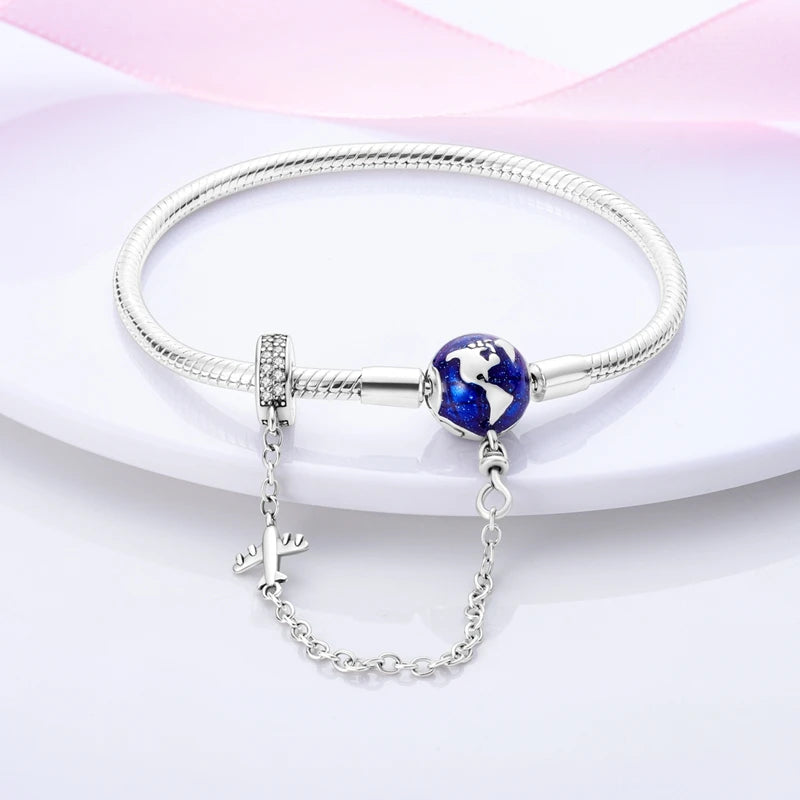 925 Sterling Silver Forever Love Peach Heart Bracelets Star Moon Airplane Earth Bracelets For Women Fit DIY Charms Party Jewelry