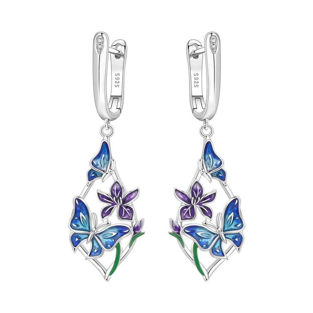 925 Sterling Silver Blue Iris Flower Drop Earrings Anniversary Jewellery Gift
