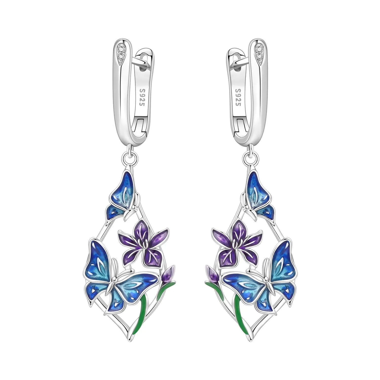 925 Sterling Silver Blue Iris Flower Drop Earrings Anniversary Jewellery Gift