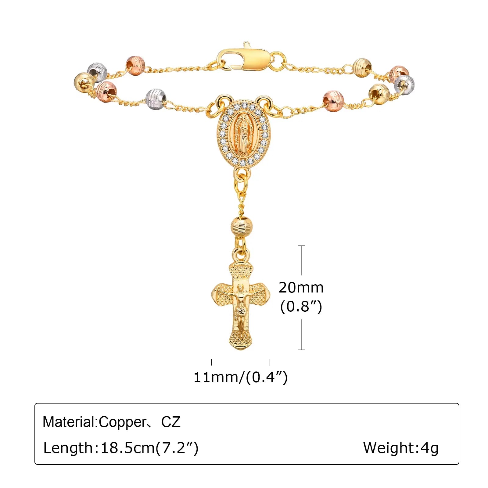 Virgin Mary Rosary Bead Cross Bracelet for Women, Tri-color Adjustable Chain Virgin of Guadalupe Bracelet Baptism Confirmation