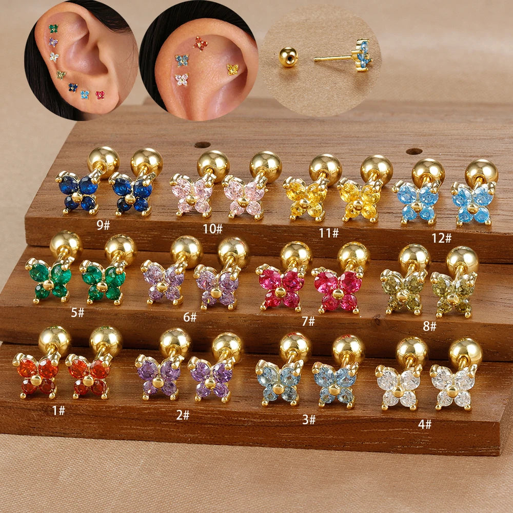 1 Pair Fashion Stainless Steel Zircon Butterfly Pendant Earrings Helix