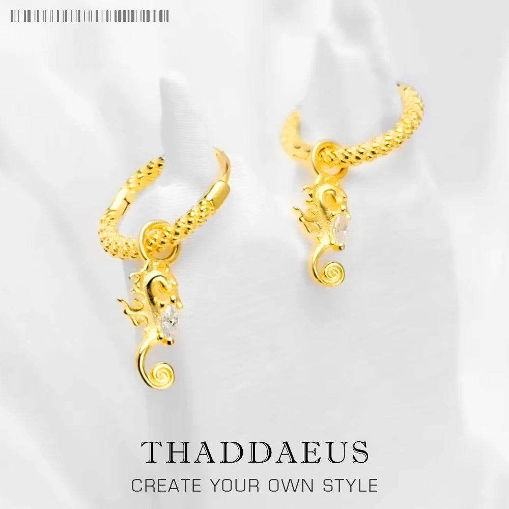 Seahorse Gold Creole Hinged Hoop Earrings Solid 925 Sterling Silver