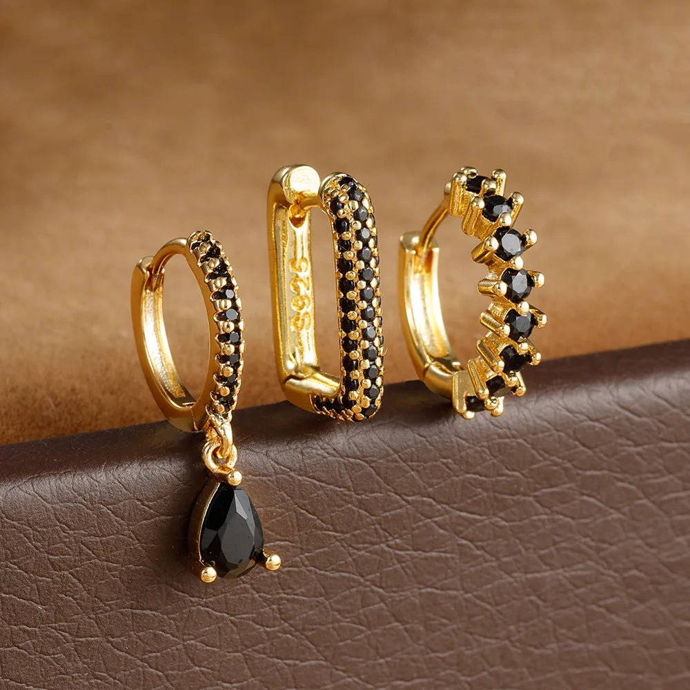 3PCS Stainless Steel Horse Eye Zircon Round Small Hoop Earrings Set