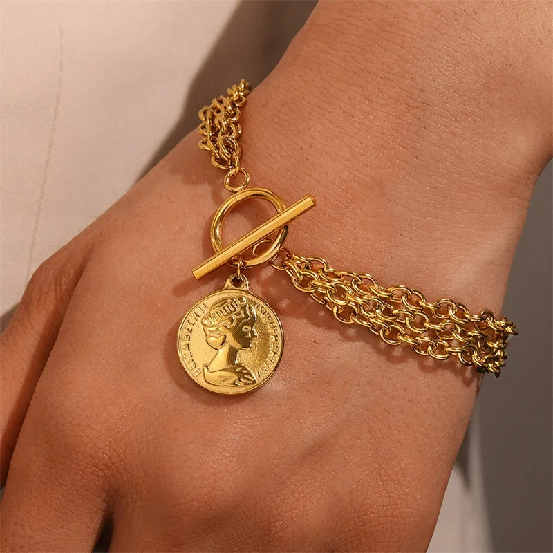 Gold Colour Stainless Steel Charm Bracelet Trendy Textured Jewellery