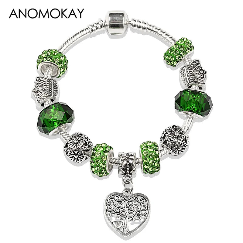 Tibetan Silver Tree of Life Charm Bracelet Green Crystal Flower Bead DIY