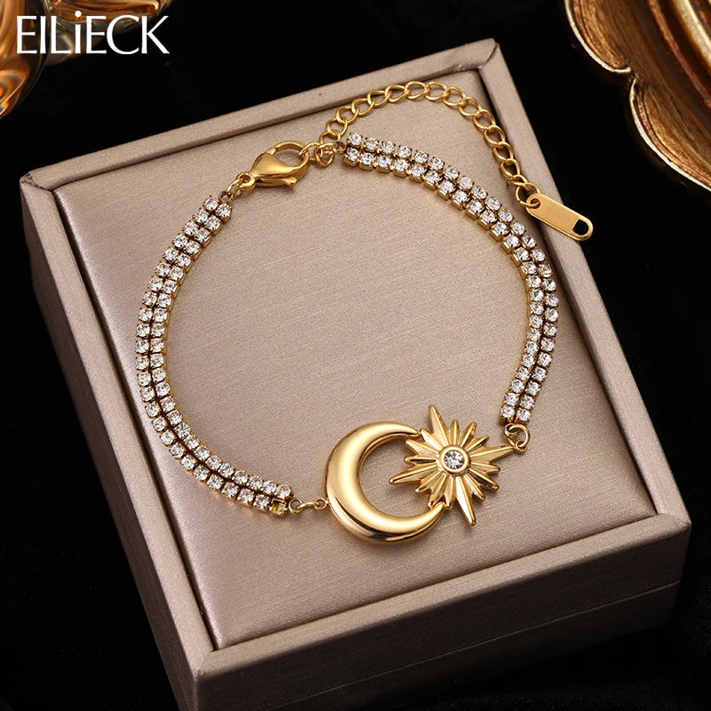 Hexagram Moon Charm Stainless Steel Bracelet Zircon Crystal Jewellery