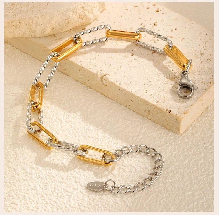 Two Tone Twist Link Paperclip Bracelet for Women, Chunky Stainless Steel Bracelet Adjustable Link, 18k Gold Plated Jewelry