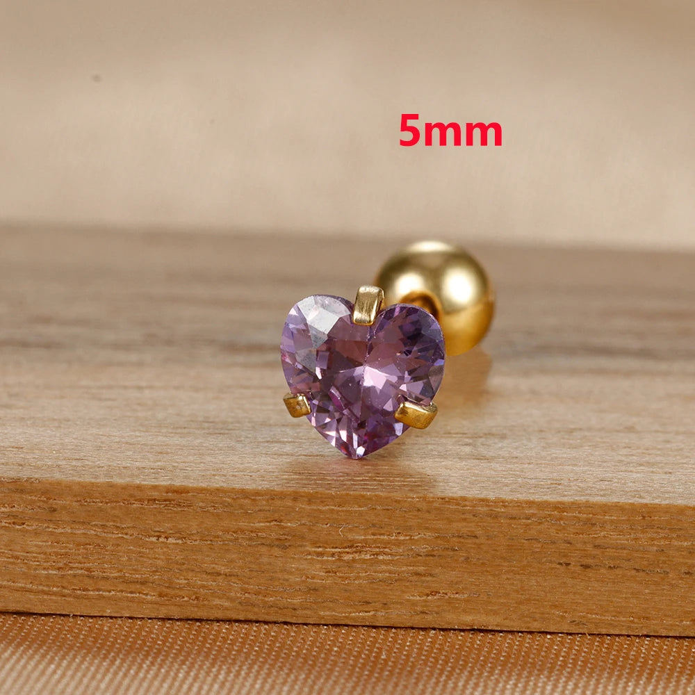 1PC Heart Stainless Steel Ear Studs Purple Crystal Stud 3-8mm