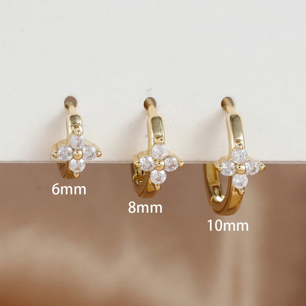 3PCS Simple Flower Zircon Hoop Earrings 18K Gold Plated Steel