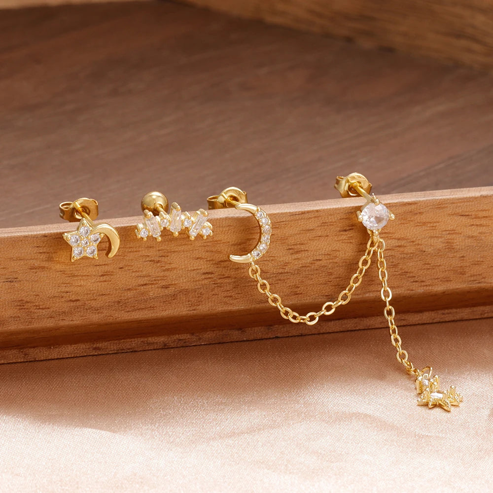 3PCS Stainless Steel Fashion Tassel Chain Stud Piercing Earrings Set