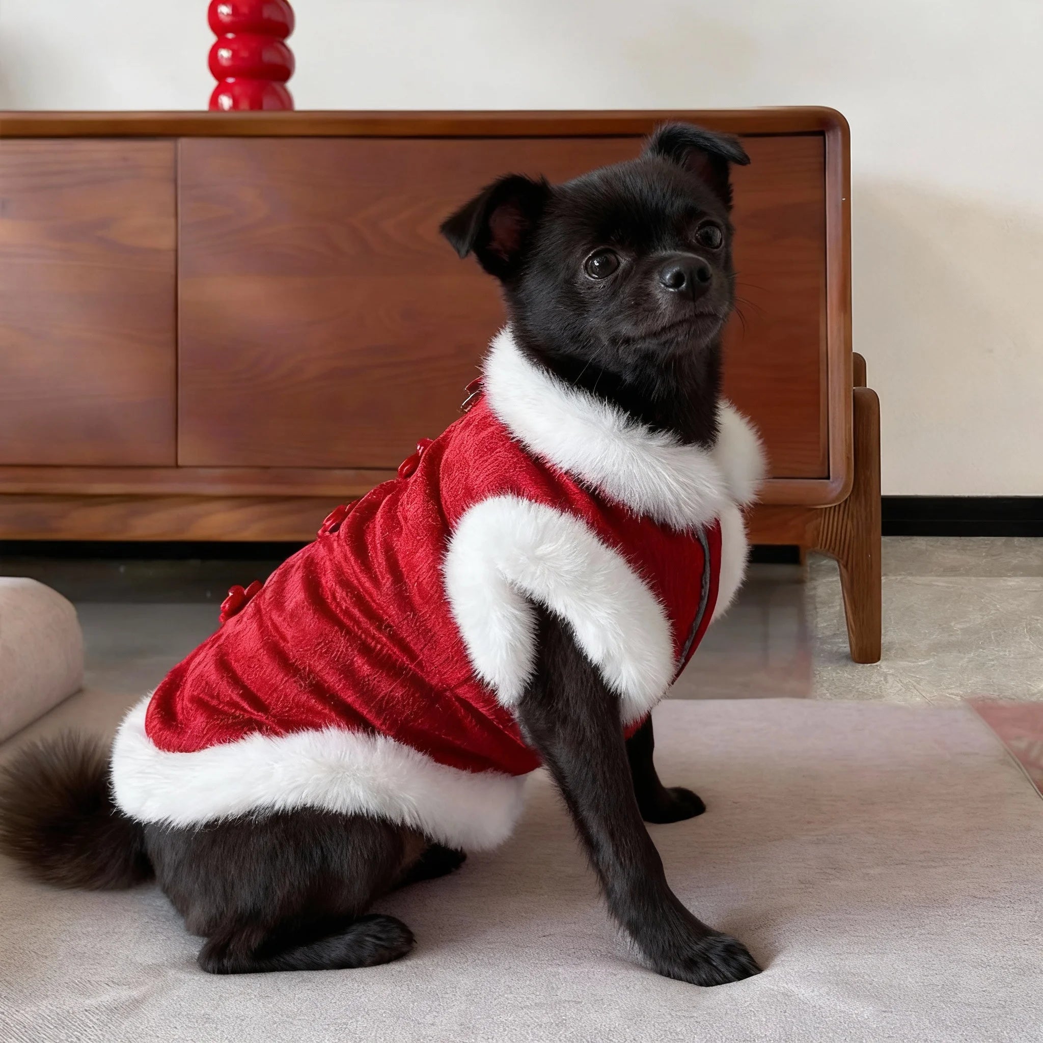 Festive Red Plush Vest Dog Cat Embroidered Costume Warm Sleeveless Jacket