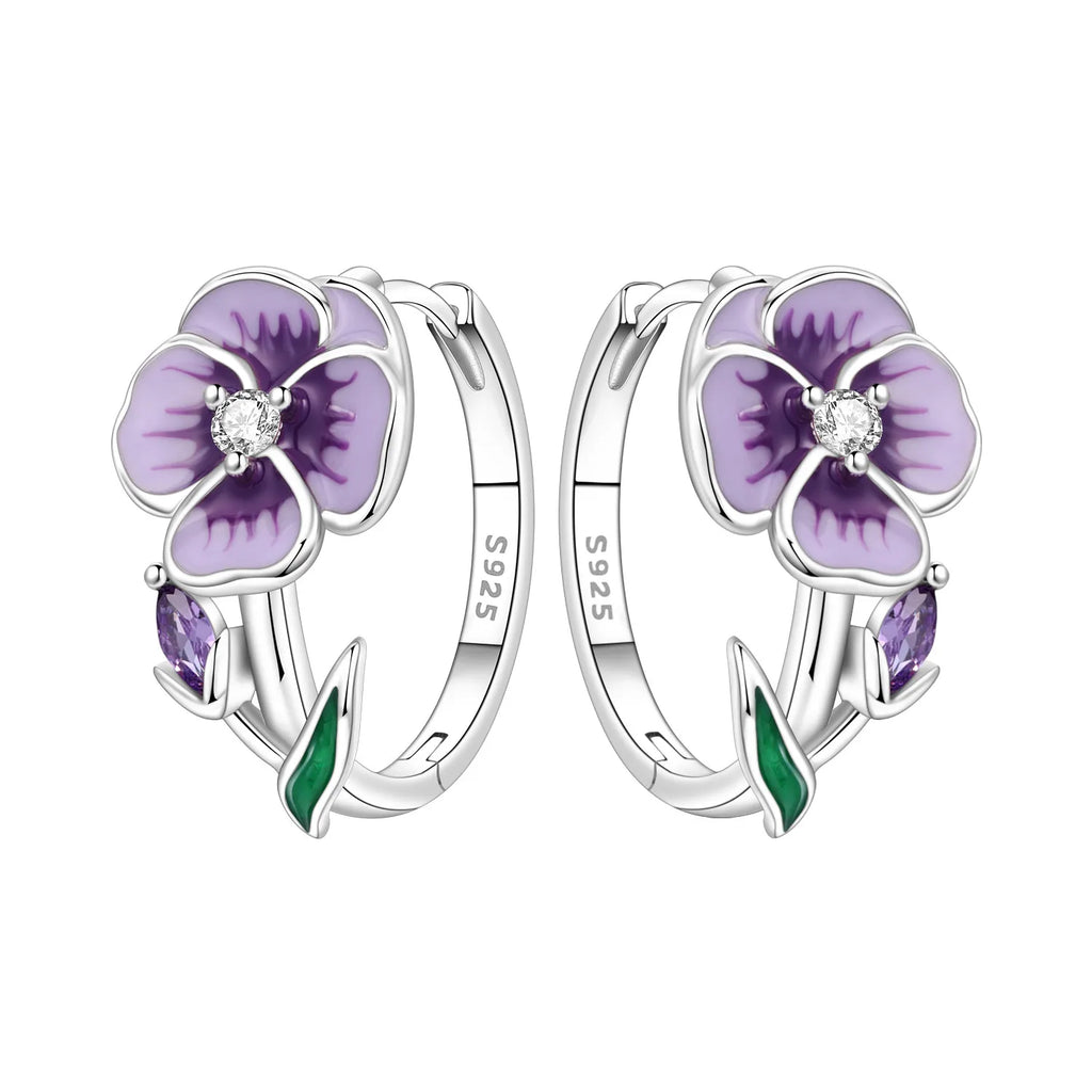 925 Sterling Silver Purple Flowers Versatile Hoop Earrings Fine Birthday Gift