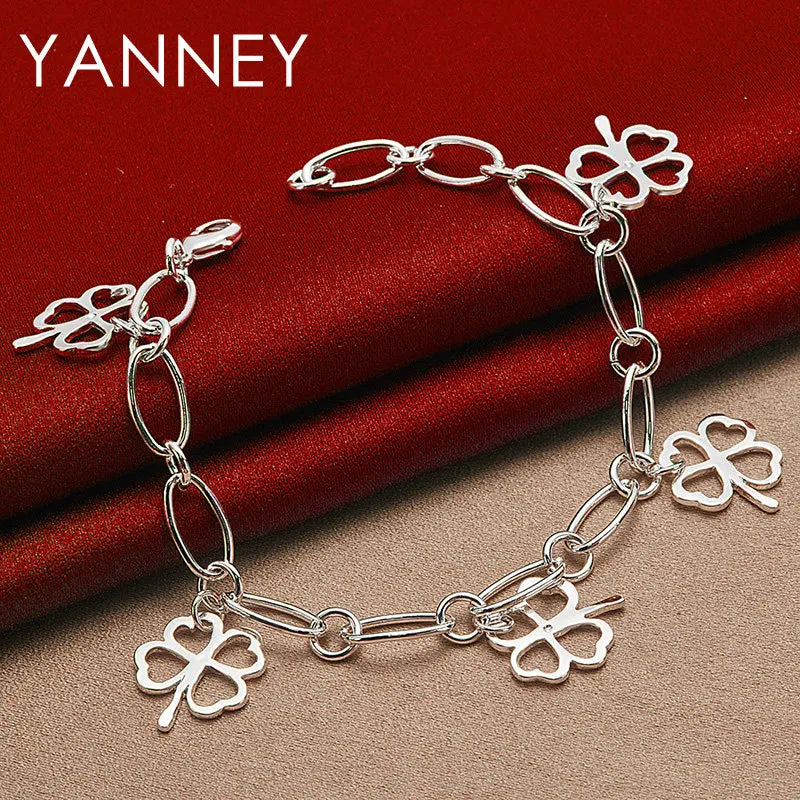 925 Sterling Silver Four-Leaf Clover Bracelet Women Party Jewellery Gift