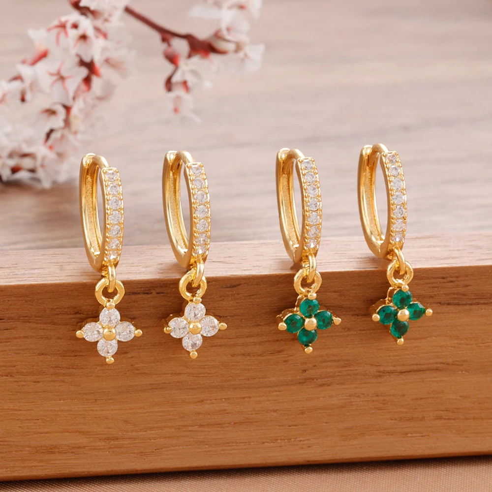Luxury Stainless Steel Small Dangle Earrings Zirconia Flower Pendant