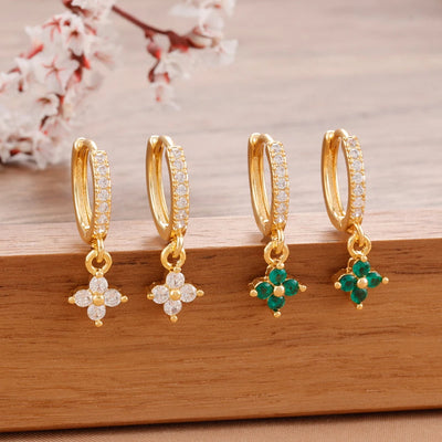 Luxury Stainless Steel Small Dangle Earrings Zirconia Flower Pendant