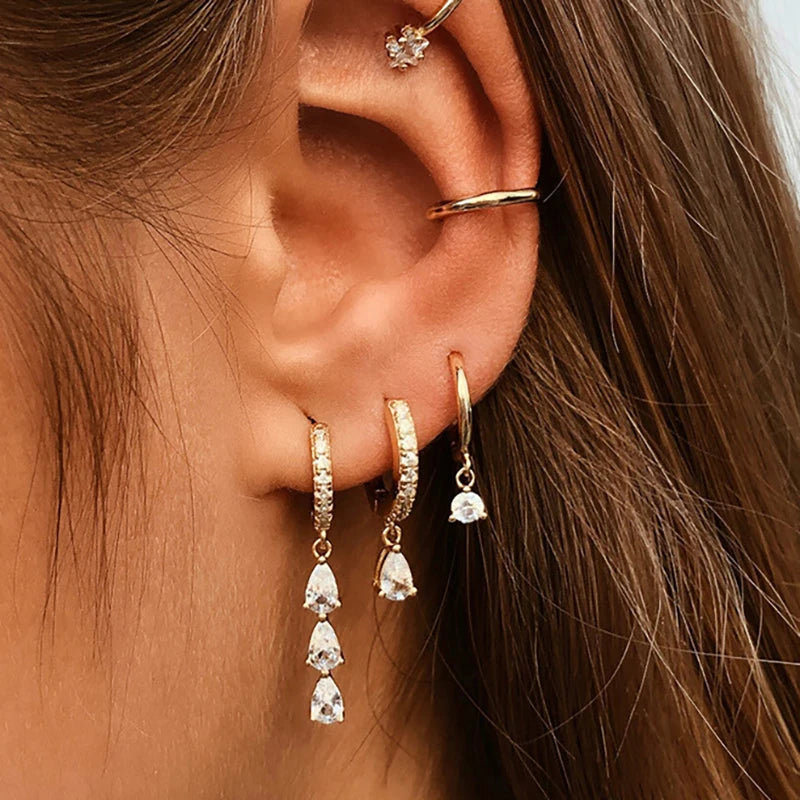 2PCS Stainless Steel Zirconia Small Hoop Earrings Water Drop Pendant