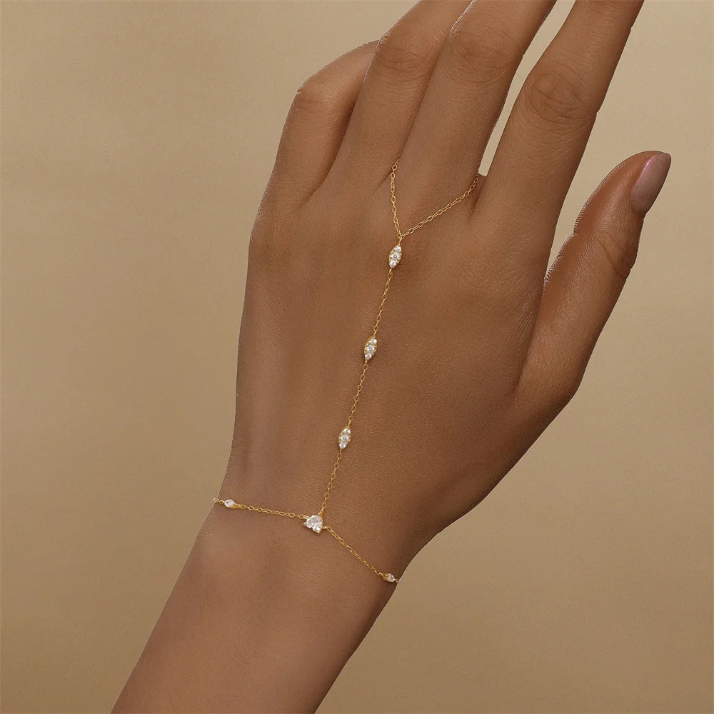 AIDE 100% Plata 925 Sterling Silver Full Zircon Round Bezel Sparking Diamond Hand Chain Bracelet For Women Rings Pulseras Jewel